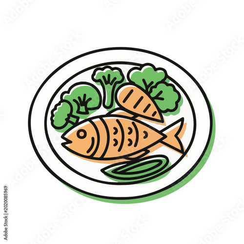 Cooked fish with broccoli and carrots on a white plate  
