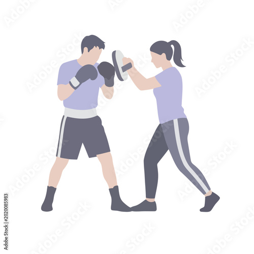 Man and woman practicing boxing with training pads in fitness gym - Concept of Sports, weight loss, and a healthy lifestyle  