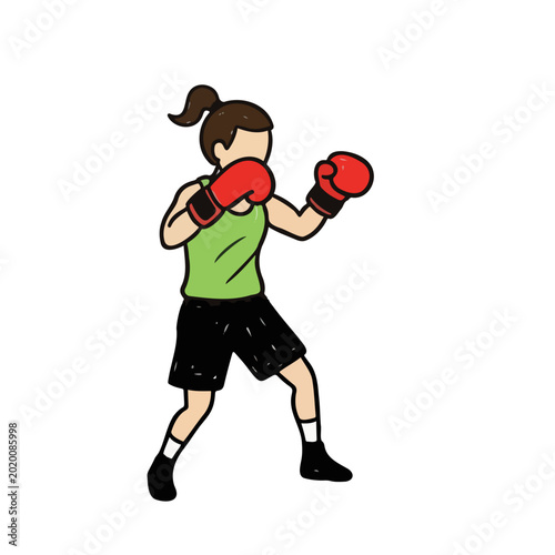 Young woman boxing in red gloves and green shirt for fitness 