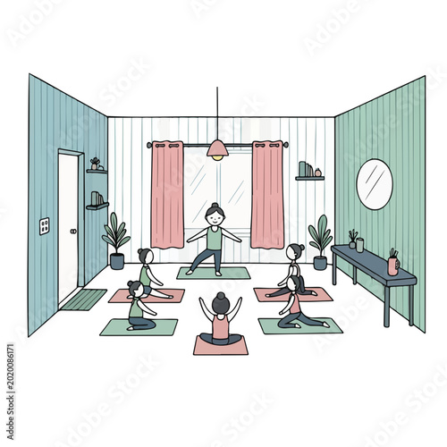 Group of people practicing yoga indoors in a calm environment  