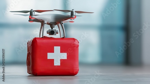Automated robotic drone delivery of emergency medical supplies medical package latch, subtle whirring, sterile surface, drone landing gear.  