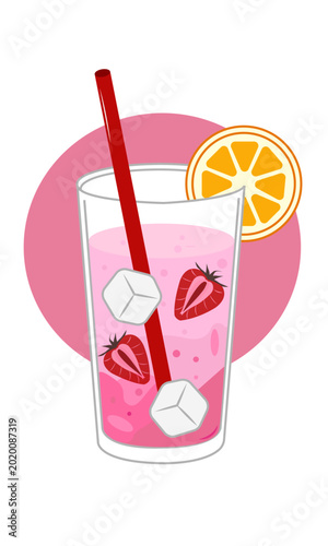 Strawberry pink cocktail with orange slice and ice in flat style