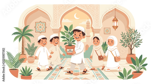 Muslim kids walking in mosque garden with plant pot vector illustration for eid mubarak festive greeting card