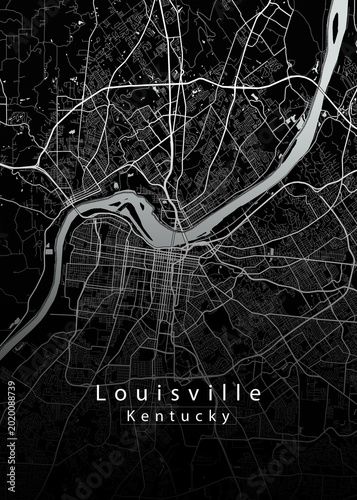 Louisville Kentucky city map – minimalist black and white street vector illustration with Ohio River for poster, wall art and urban design