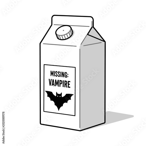 Cartoon milk carton with missing vampire sign and bat illustration  
