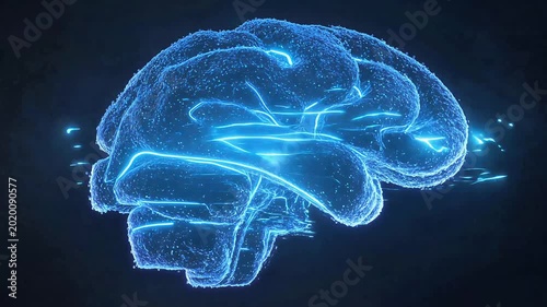 Blue Glowing Digital Human Brain Animation with Neural Activity