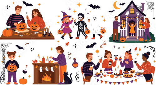 Quadro su tela Halloween party celebration vector bundle featuring pumpkin carving trick or tre