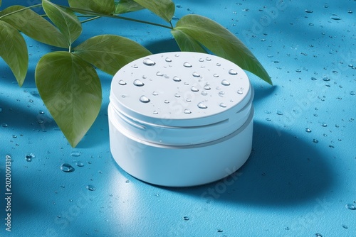 White unbranded cosmetic cream jar on a blue background with copy space for skincare branding mockup