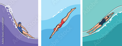 Konstfotografi Professional swimmer diving and freestyle swimming sport vector illustration set
