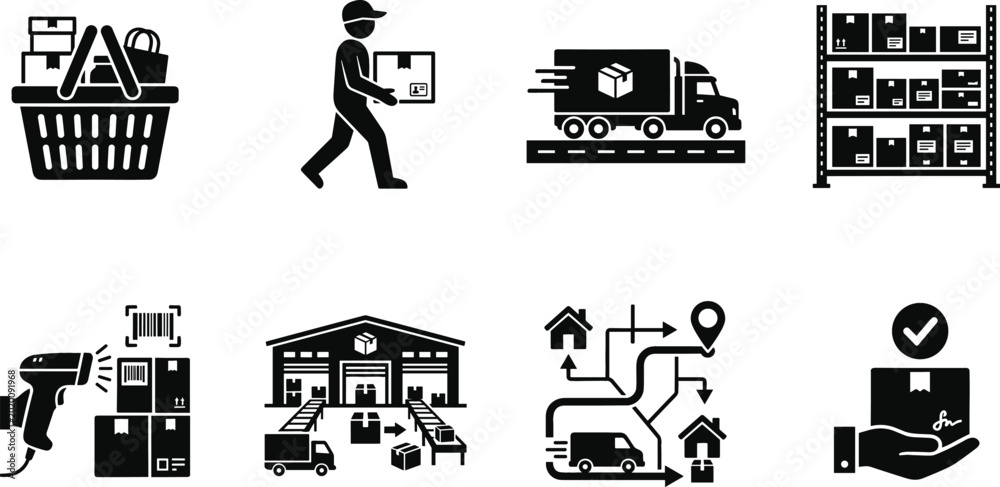 Ταπετσαρία Logistics and warehouse delivery icon set with shipping truck courier courier tr