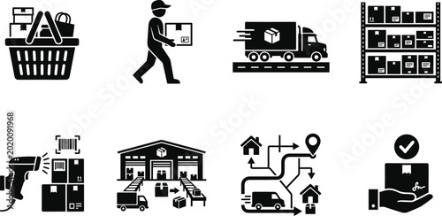 Logistics and warehouse delivery icon set with shipping truck courier courier tracking map barcode scanner and fulfillment vector elements