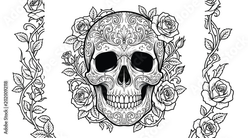 Ornate Filigree Human Skull with Roses – Decorative Gothic Line Art Vector with Floral Borders