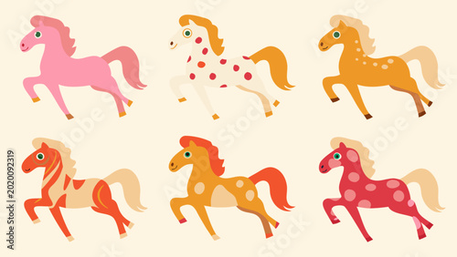 Billede på lærred six colorful horses vector illustration with patterned coats