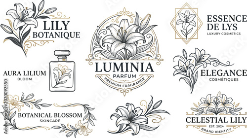 Schilderij op canvas Luxury vintage lily flower logo collection featuring elegant botanical frames pe