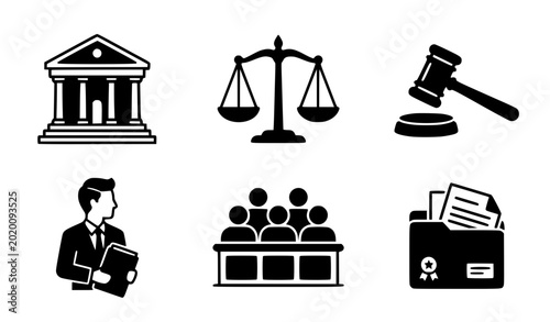Foto Minimal legal justice icon silhouette set vector illustration isolated on white