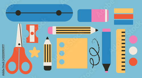 Pencil case, scissors, sharpener, pencil, blank paper, sticky note, marker, eraser. Geometric style. School, class, education, office concept. Hand drawn Vector illustration. Isolated design elements