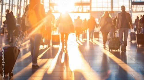 Blurred scene of travelers walking through an airport terminal with sunlight streaming through large windows, showcasing luggage and silhouettes of passengers in motion