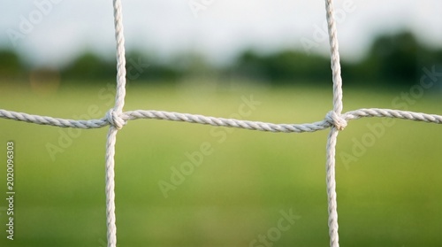 Close up of a soccer net against a blurred green field