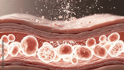 Close-Up Visualization of Human Skin Layers with Cellular Activity and Particles Illustrating Biological Processes in Microscopic Detail