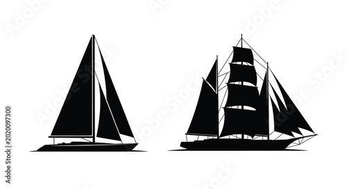 Cuadro en lienzo Sailing yachts and ship silhouettes on a white background