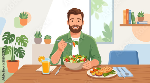 A cheerful flat vector illustration of a bearded man eating a healthy meal at a table.