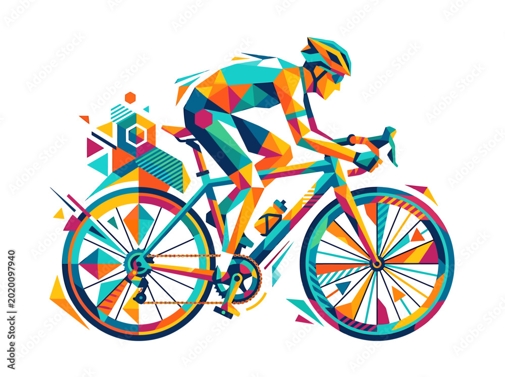 Fototapeta premium Vibrant geometric illustration of a dynamic cyclist speeding forward, symbolizing an energetic, healthy lifestyle and modern eco-friendly urban mobility