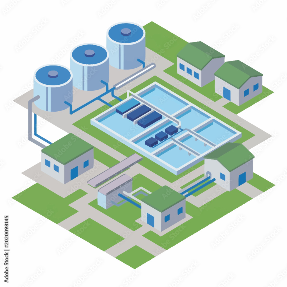 Fototapeta premium Water Treatment Plant Industrial Facility Isometric View.