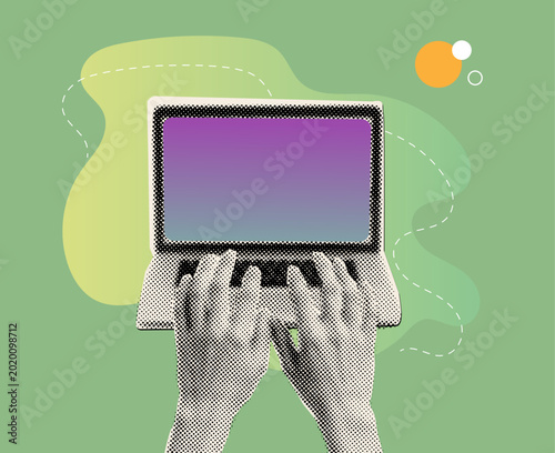 Trendy Halftone Collage Laptop Screen with Human Hands, Retro Digital Technology Concept