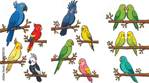Bild auf Leinwand Cute Cartoon Colorful Parrots and Parakeets Sitting on Branch — Vector Illustrat