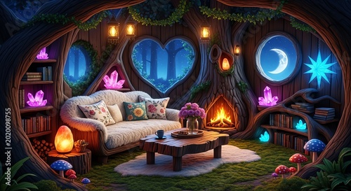 Cozy romantic room with heart window and fireplace
