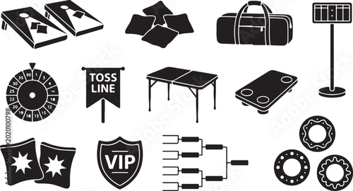 Photos Black and white set of cornhole tournament equipment, featuring game boards, bea