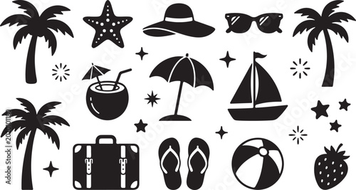 Foto Black silhouette set featuring summer vacation including palm trees, starfish, s