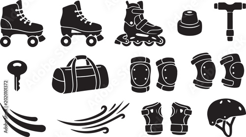 Foto Collection of black silhouettes featuring quad roller skates, inline skates, pro