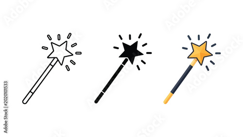 Tablou pe pânză Magic wand vector illustration set with outline silhouette and flat color styles