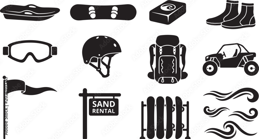 Εκτύπωση καμβά Set of black and white for sandboarding and desert sports, featuring a sandboard
