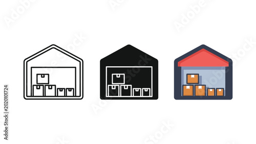Tableau sur toile Warehouse storage unit with cardboard boxes vector illustration set