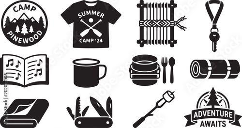Konstfotografi Set of black and white summer camp featuring a mountain badge, t-shirt, weaving
