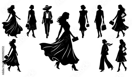 Elegant women fashion silhouette dress collection vector illustration isolated on white background