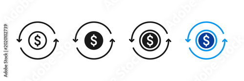 Money and finance icon with dollar sign and circular arrows. Symbol of cash flow, financial circulation, transactions and revenue cycle vector illustration
