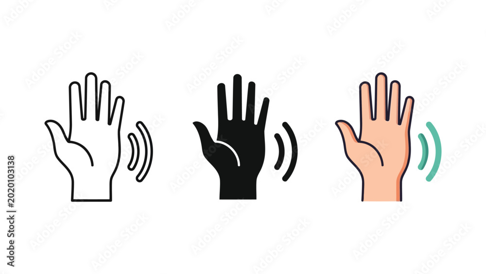 Obraz premium Waving hand gesture icons in outline solid and flat color styles