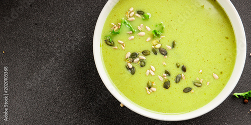 Gazpacho cucumber vegetable soup tasty snack fresh gourmet food, background on the table, rustic food, top view, copy space keto and paleo diets vegetarian and vegan food
