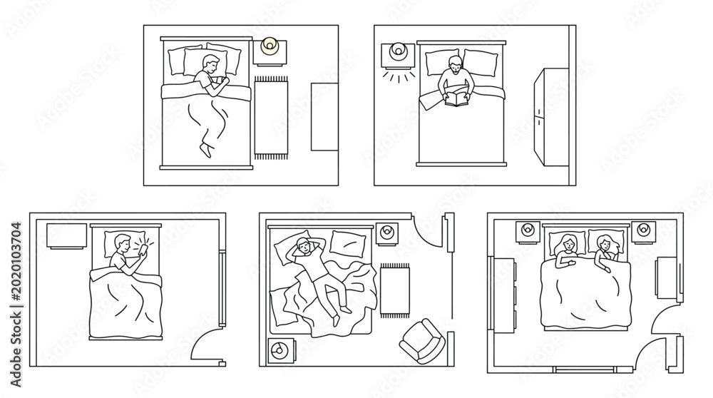 Fototapeta premium Bedroom scenes with people sleeping, reading, and using phone