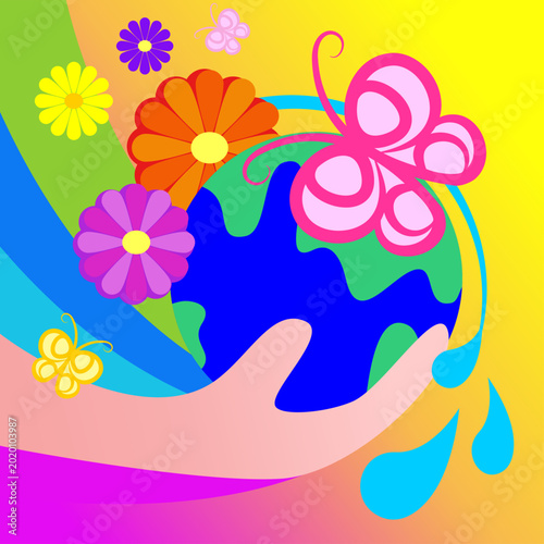 Vibrant conceptual illustration of hands nurturing Earth with blooming flowers and butterflies, symbolizing the mission to bring abundance, biodiversity, renewal, and harmony back to our planet.