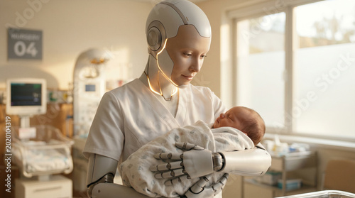 Cyborg doctor robot delivering new born baby to mother in modern futuristic hospital, artificial intelligence, ai health care