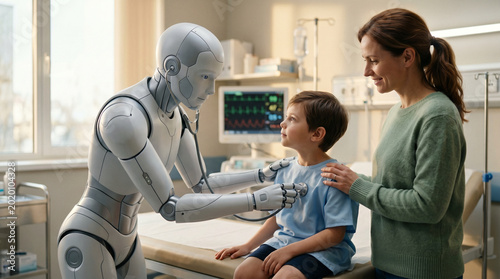 Futuristic cyborg doctor examining a young boy in modern hospital room, artificial intelligence AI Healthcare