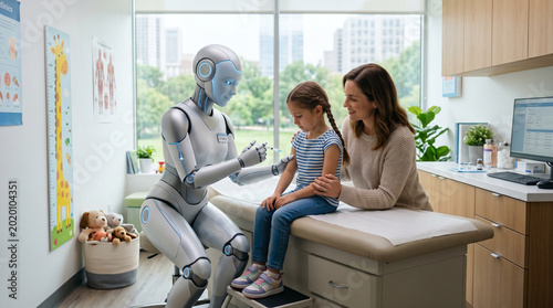 Futuristic cyborg nurse doctor injecting syringe into young child, artificial intelligence, ai health