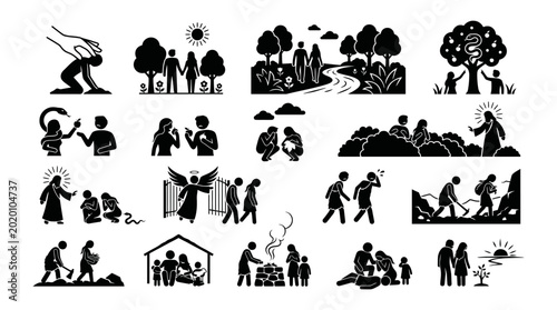 Schilderij op canvas Universal Human Experience Creation, Labor, Family, and Faith Pictograms