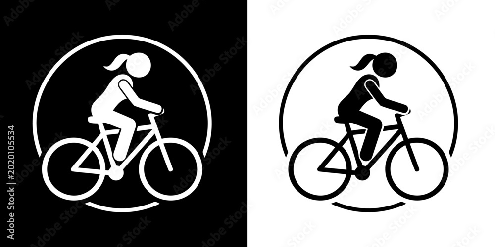 Fototapeta premium Clean line art icon of a female bicyclist, symbolizing recreation and urban mobility