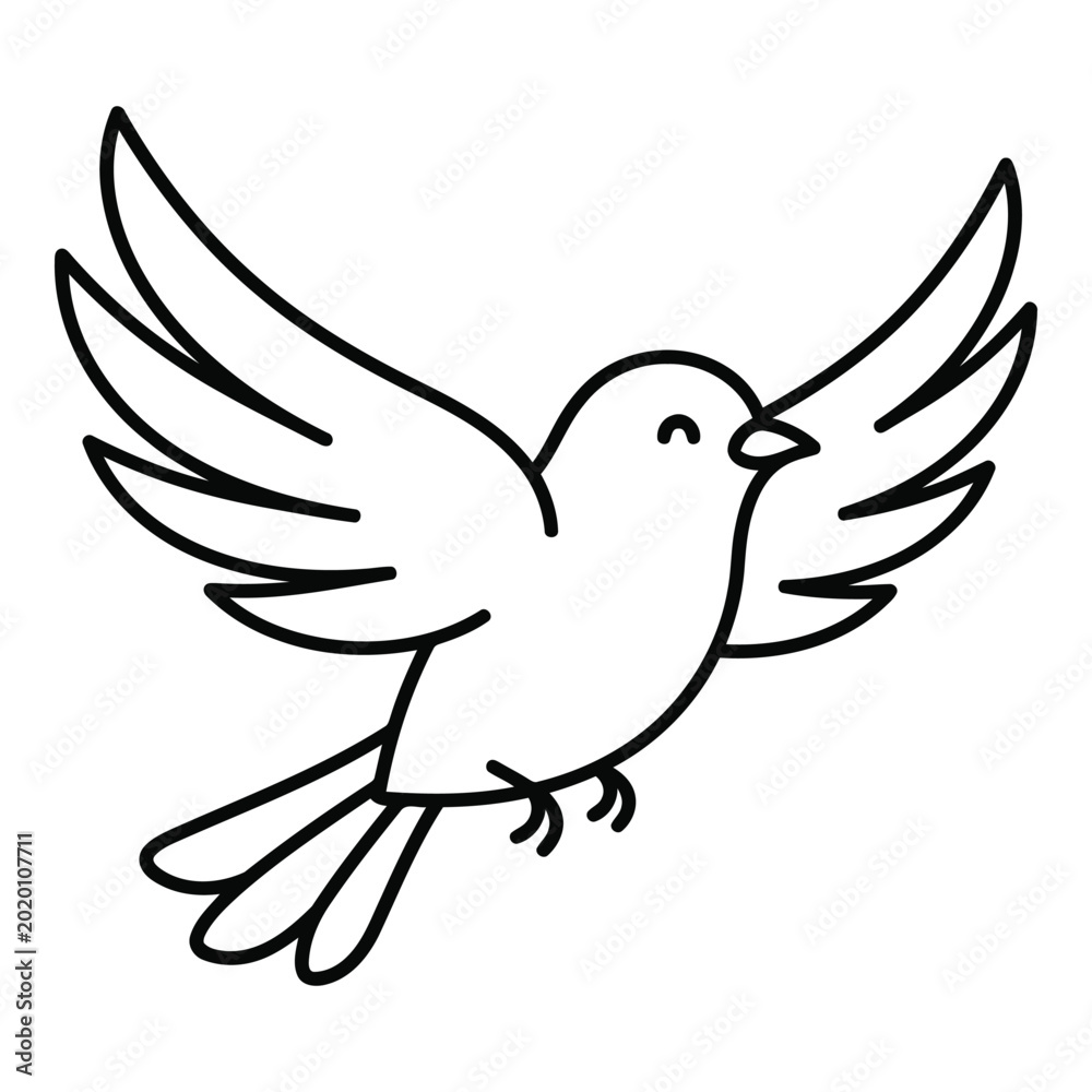 Fototapeta premium A simple, charming black and white line drawing of a bird in mid-flight, wings outstretched, with a cheerful expression, perfect for various design and illustration projects