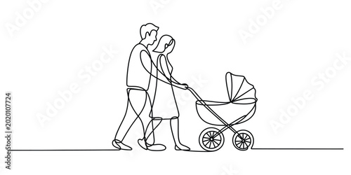 Photos Young couple walking with a baby stroller in continuous line art